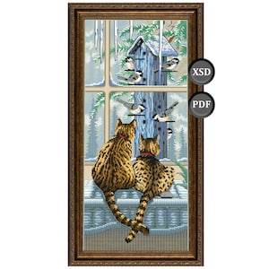 Cross stitch pattern: Picture cats sitting on the window &quot;Who is watching whom?&quot; (PDF + XSD)