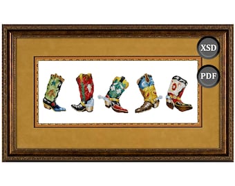 Cross stitch pattern: Cowboy Boots painting. Instant download (PDF + XSD)