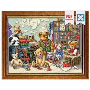 May include: A framed cross-stitch featuring a whimsical scene of teddy bears in a sewing workshop. The bears are surrounded by sewing supplies, a vintage sewing machine, and fabric patterns. The color palette includes warm browns, greens, and reds.