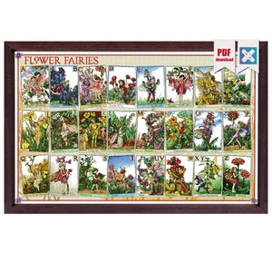 Puede incluir: Una impresión enmarcada titulada "Flower Fairies" con ilustraciones coloridas de hadas con flores, cada una etiquetada con una letra del alfabeto. La obra de arte está sobre un fondo crema y enmarcada en un marco de madera marrón oscuro.