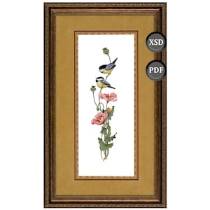 Bird and Poppy Cross Stitch Pattern: Pink Serenade Vertical Panel (PDF + XSD)