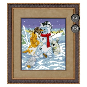Cross stitch pattern: Picture of a snowman, dogs, rabbits and mice (PDF + XSD)