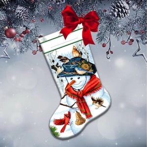Holiday Sock Cross Stitch Scheme featuring Snowman, Birds, and Forest