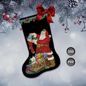 Cross-stitch pattern: Jolly Santa with Gifts Christmas Stocking. Christmas Decor. Instant download (PDF + XSD)