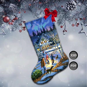 Cross stitch pattern: Christmas stocking &quot;Family values. Preparation for Christmas&quot;. Instant download (PDF + XSD)