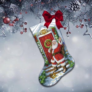 Cozy Forest Santa Cross Stitch Pattern - Christmas Stocking Embroidery Design, PDF Download