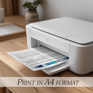 May include: A white printer printing a document with a blue and gray color scheme. The document is in A4 format. The text "PRINT IN A4 FORMAT" is displayed at the bottom of the image.