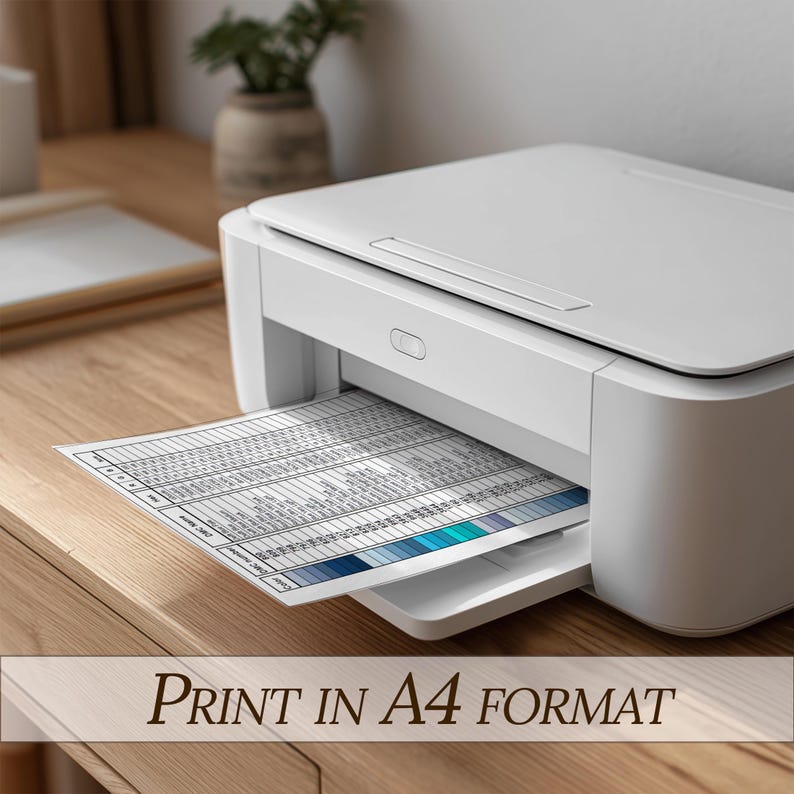 May include: A white printer printing a document with a blue and gray color scheme. The document is in A4 format. The text "PRINT IN A4 FORMAT" is displayed at the bottom of the image.