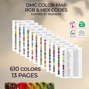 The complete DMC color palette: RGB and HEX codes. Sorted by number.