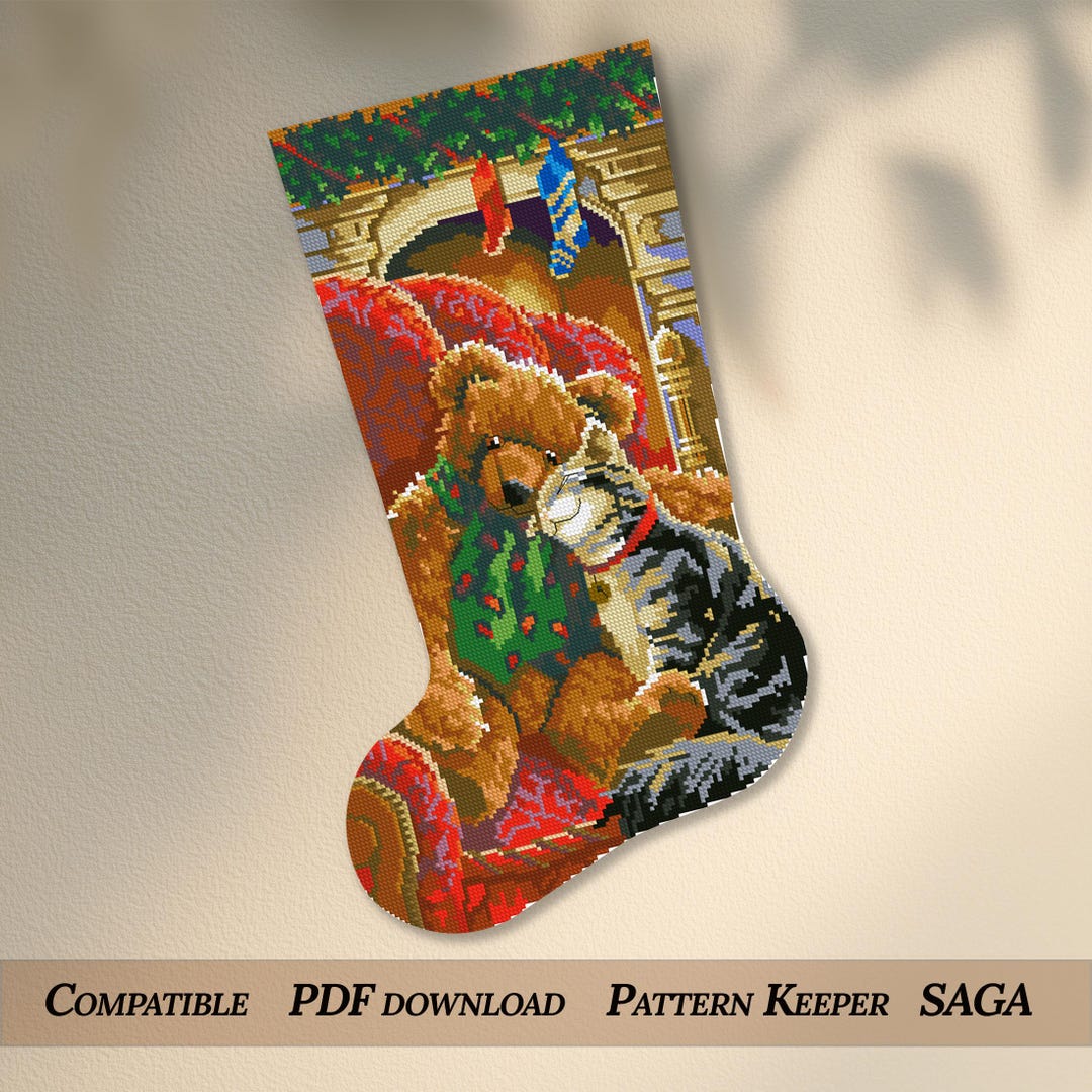 Christmas Teddy Bear Cross Stitch Pattern With Cat, Christmas Sock ...
