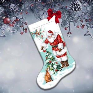 Cozy Forest Santa Cross Stitch Pattern - Christmas Stocking Embroidery Design, PDF Download