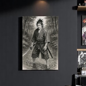 Miyamoto Musashi-Inspired Samurai Canvas | Black & White Zen Warrior Wall Art, Vagabond Manga Style Print, Japanese River Scene.