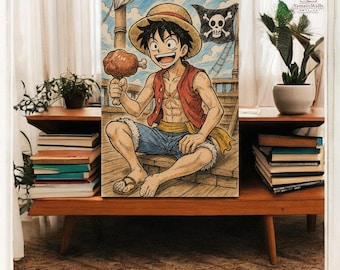 Inspiré de l'anime One Piece Luffy | Art mural inspiré d'une pièce, impression anime une pièce, décoration de pirate au chapeau de paille, bateau pirate Luffy.