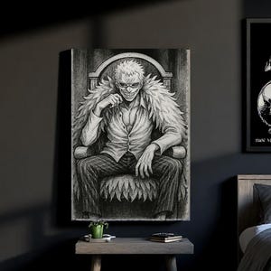 Lienzo decorativo de One Piece inspirado en Doflamingo / Póster de villano de anime, decoración de manga oscura, estética de habitación de anime japonés, villano de One Piece