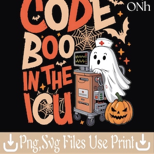 May include: A Halloween-themed graphic with the text "CODE BOO IN THE ICU" in orange and beige. A cartoon ghost wearing a nurse's cap stands next to medical equipment and a jack-o'-lantern. Bats and spiderwebs complete the design.