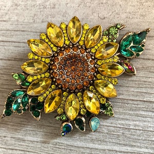 Sunflower Pin Brooch Yellow rhinestone with brown and green pretty sparkling flower pin costume jewelry gift for her