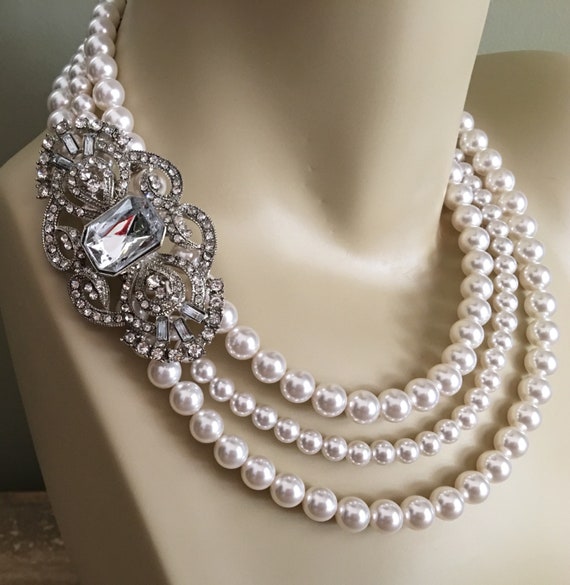 Bridal Pearl And Rhinestone Necklace And Earrings Set//Formal//Evening Set