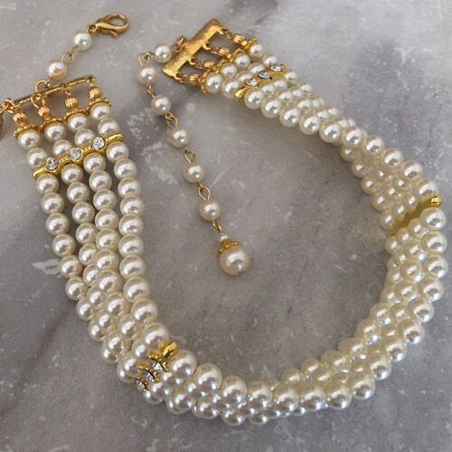 Pearl Choker Earrings Set in Gold shops and Cream Ivory or White pearls with backdrop 4 strands and long earrings Gifts for her wedding choker