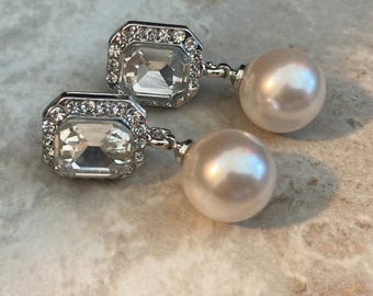Pearl Bridal Earrings Rhinestone Earrings with large White Pearl dangle silver wedding earrings for the Morher of the Bride or gift for her