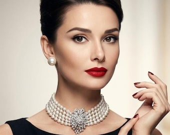 Audrey Hepburn Choker Necklace replica pearl necklace with brooch 5 layered strands Hollywood movie style by Alexi Blackwell Bridal
