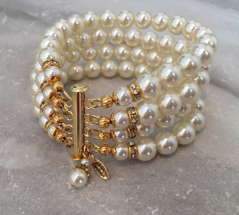 Pearl Bracelet in Gold and Ivory 4 multi strands Cream crystal pearls wedding bridal bracelet mother of the bride wedding bracelet bridal image 8