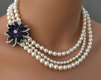 Pearl Necklace Earrings with Navy Blue Brooch 3 strands Pearls Cream Ivory Montana Blue Rhinestone wedding jewelry mother of the  bride gift