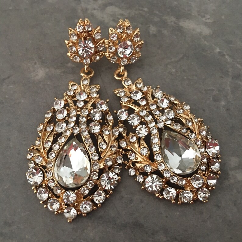 Long Gold Earrings Gold or Silver and Clear Rhinestone Formal Etsy
