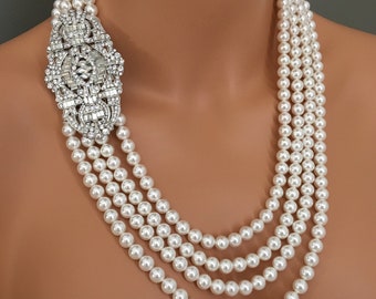 Long Pearl Necklace with Brooch and Backdrop Art Deco rhinestone Brooch 4 layered strands crystal pearls choice of color bridal gift for her
