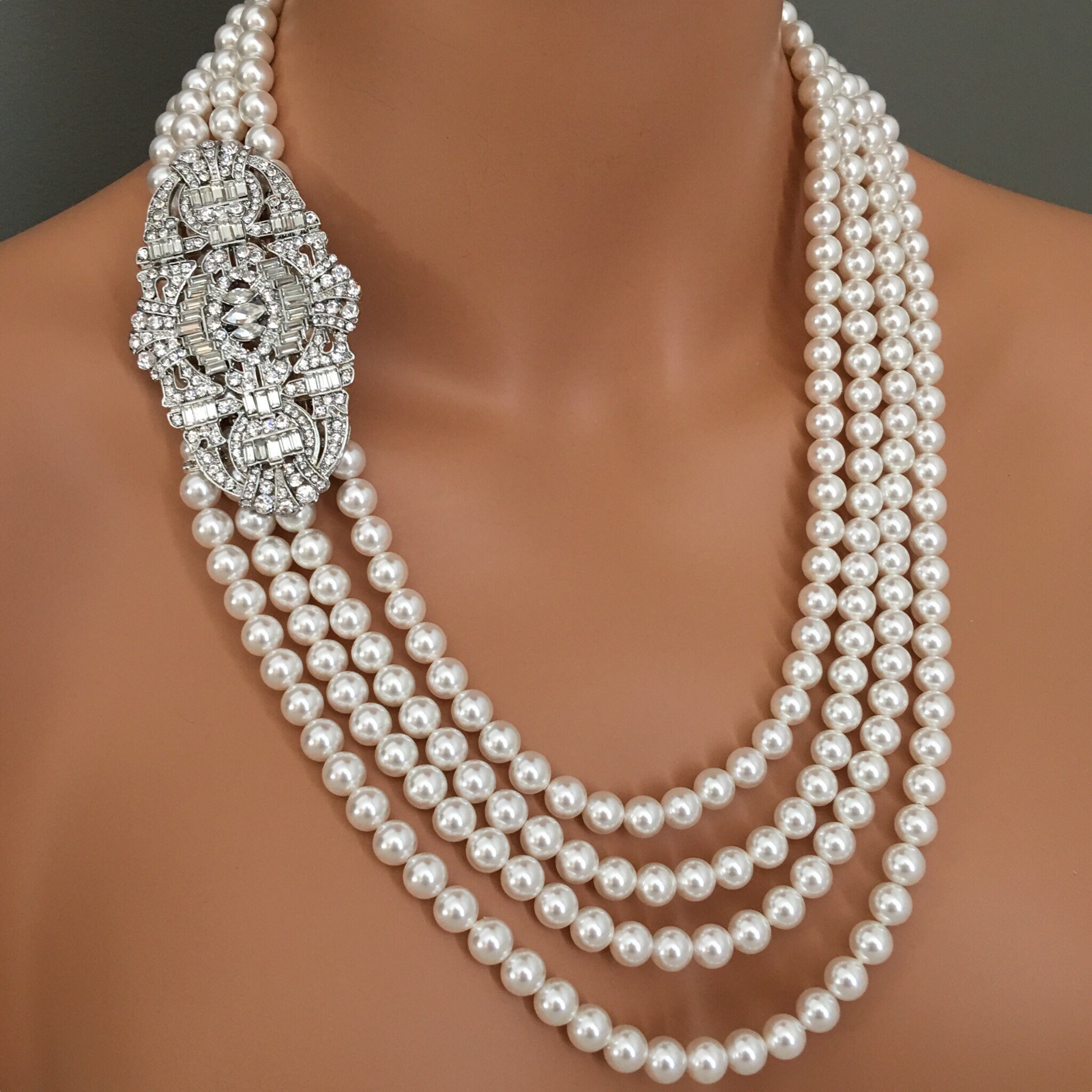 Long Pearl Necklace With Brooch and Backdrop Art Deco Rhinestone
