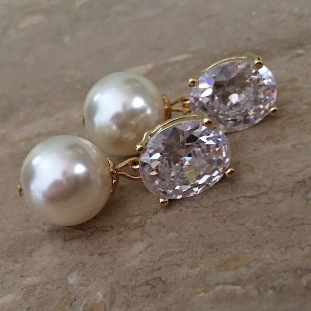 Classic Pearl Earrings in Gold and Ivory CZ Rhinestone Earring - Etsy