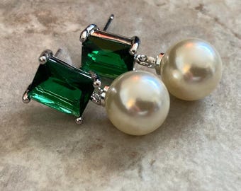 Emerald Green Earrings Cream Pearl Earrings with Green Rhinestones in Silver or Gold post Emerald Green wedding earrings mother of the bride