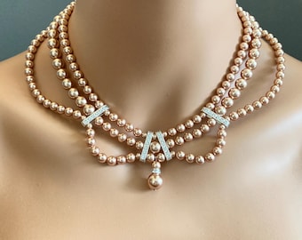 Rose Gold Necklace Earrings Wedding Jewekry Set made with  Swarovski Pearls romantic vintage style pearl bridal necklace Earring included