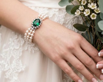 Pearl Bracelet with Emerald Green Rhinestone Clasp Hand knotted 3 strands Swarovski White 5mm pearls dainty delicate bracelet ready to ship