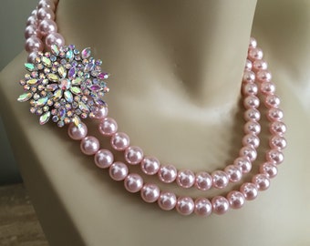 Blush Wedding Necklace Set in 2 double strands of Rosaline Pink Swarovski pearls with AB Rhinestone Brooch in silver Bridal jewelry