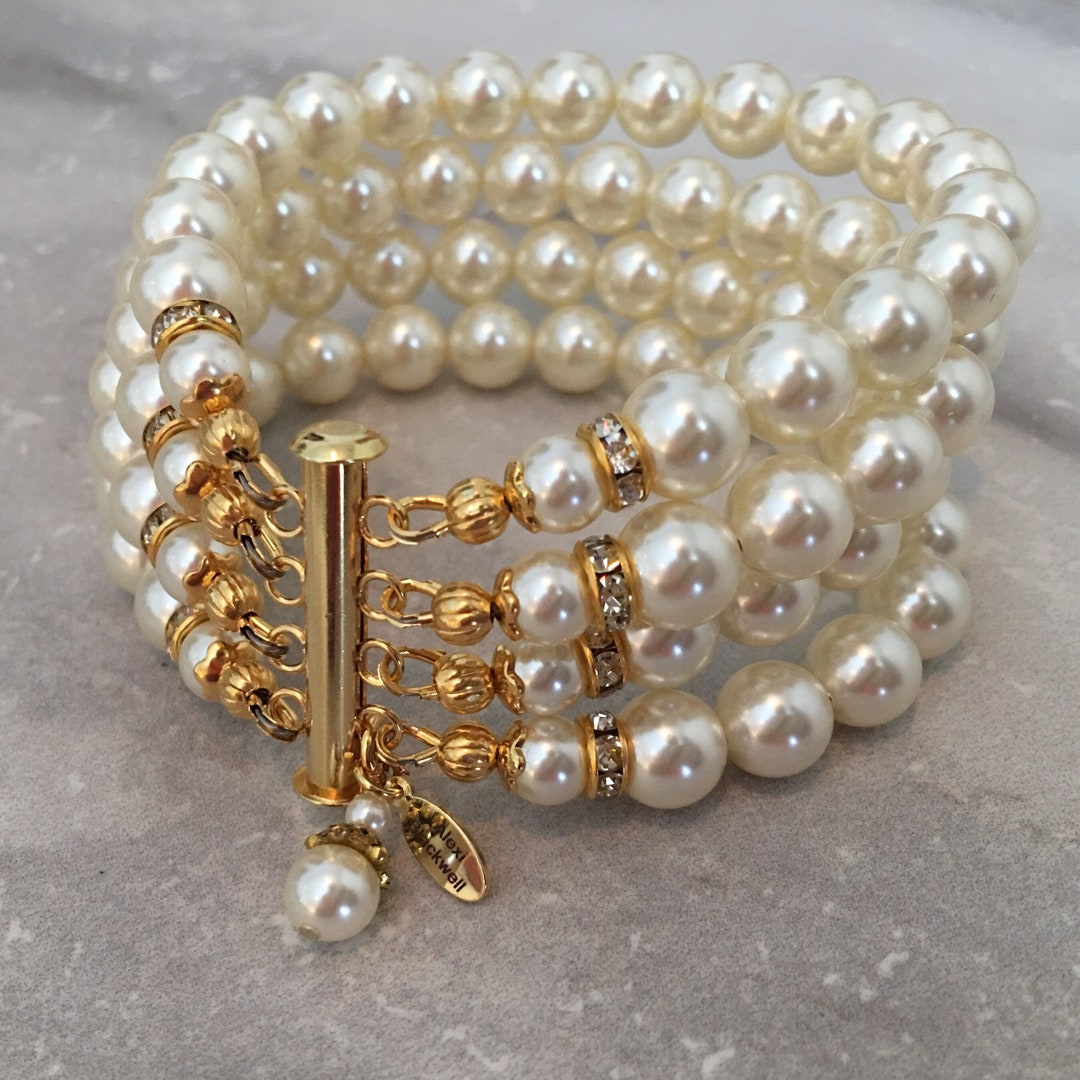 Pearl Bracelet in Gold and Ivory 4 Multi Strands Cream Crystal Pearls ...