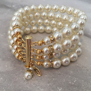 Pearl Bracelet in Gold and Ivory 4 multi strands Cream crystal pearls wedding bridal bracelet mother of the bride wedding bracelet bridal image 1