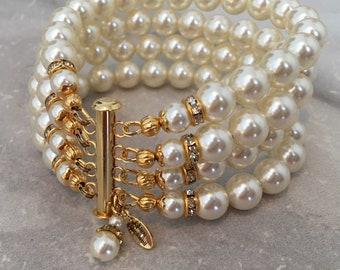 Pearl Bracelet in Gold and Ivory 4 multi strands Cream crystal pearls wedding bridal bracelet mother of the bride wedding bracelet bridal