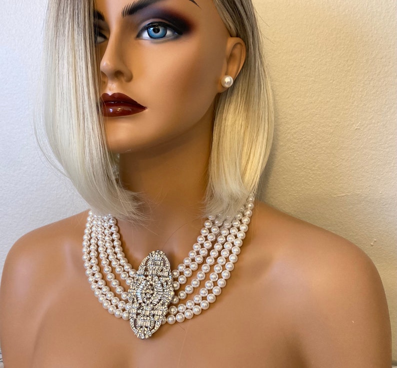 Pearl Statement Necklace with Brooch Art Deco 5 strands Crystal Pearls Great Gatsby necklaces Bridal Wedding jewelry Mother of the bride image 7