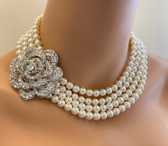 Pearl Necklace Set With Brooch and Earrings Wedding Jewelry -  Denmark