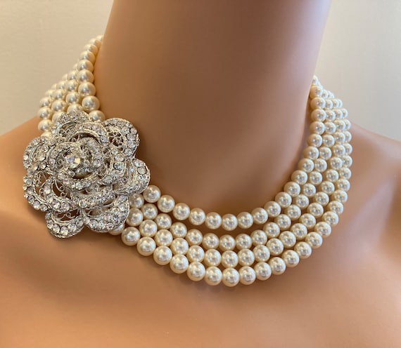 Pearl Necklace Set With Brooch and Earrings Wedding Jewelry -  Denmark