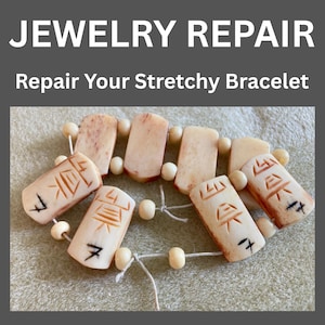 May include: A close-up of a stretchy bracelet with rectangular, off-white beads and smaller, round beads. Some rectangular beads have etched symbols. The text "JEWELRY REPAIR" and "Repair Your Stretchy Bracelet" are at the top.
