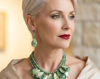 Statement Necklace Earrings Set Sage Green 3 layered multi strands faceted glass beads Chunky Statement Necklace mother of the bride wedding