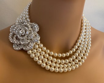 Pearl Statement Necklace with Brooch Cream Ivory Crystal pearls with silver tone accents Earrings included mother of the bride wedding set