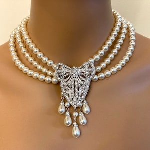 Edwardian Pearl Necklace With Art Deco Brooch in Clear Rhinestone and ...