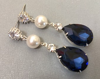 Navy Blue Earrings with White Crystal Pearl and Rhinestone post choice of color wedding jewelry bridal earrings mother of the bride gifts
