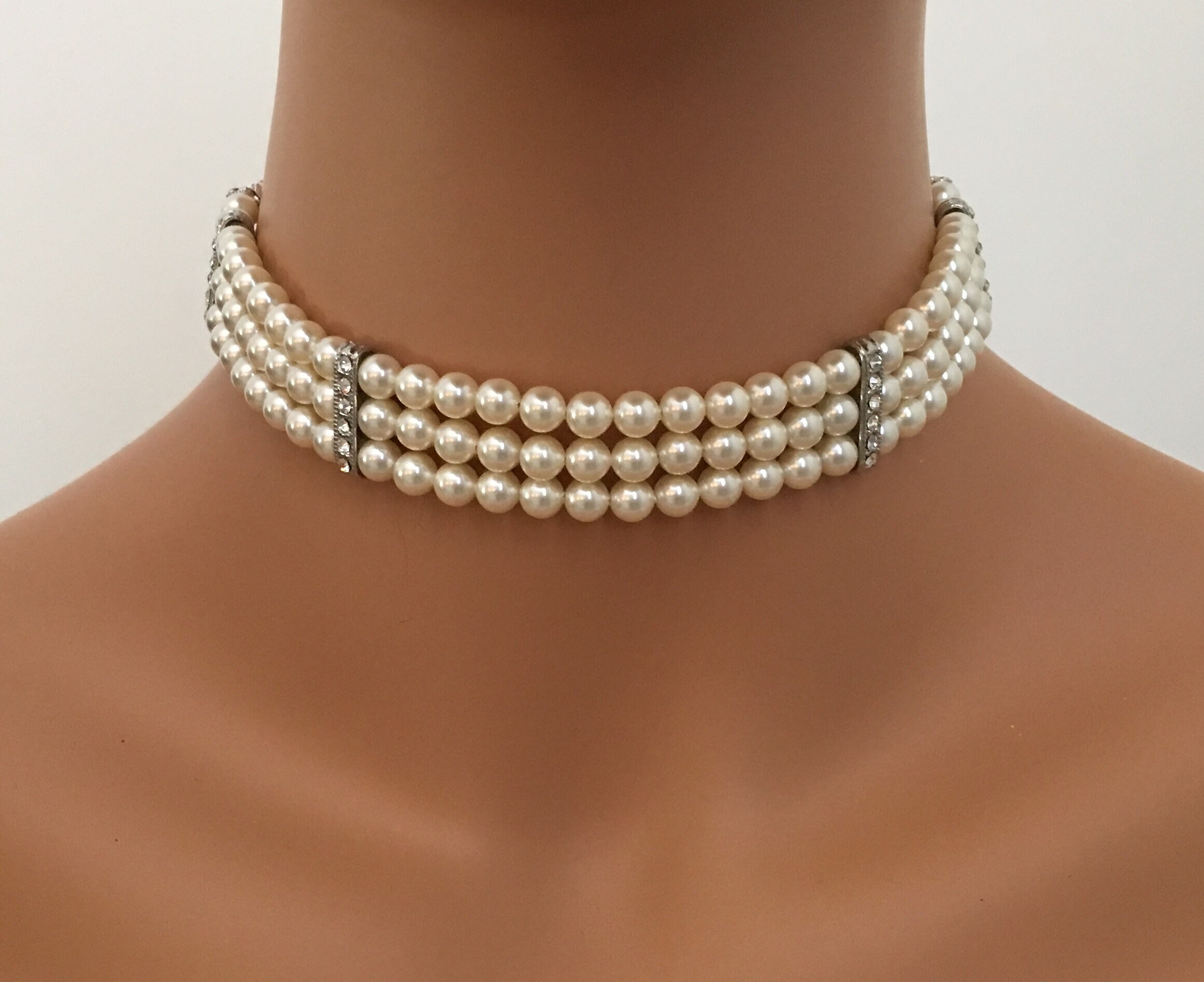Pearl Choker Necklace Set 3 Strands 