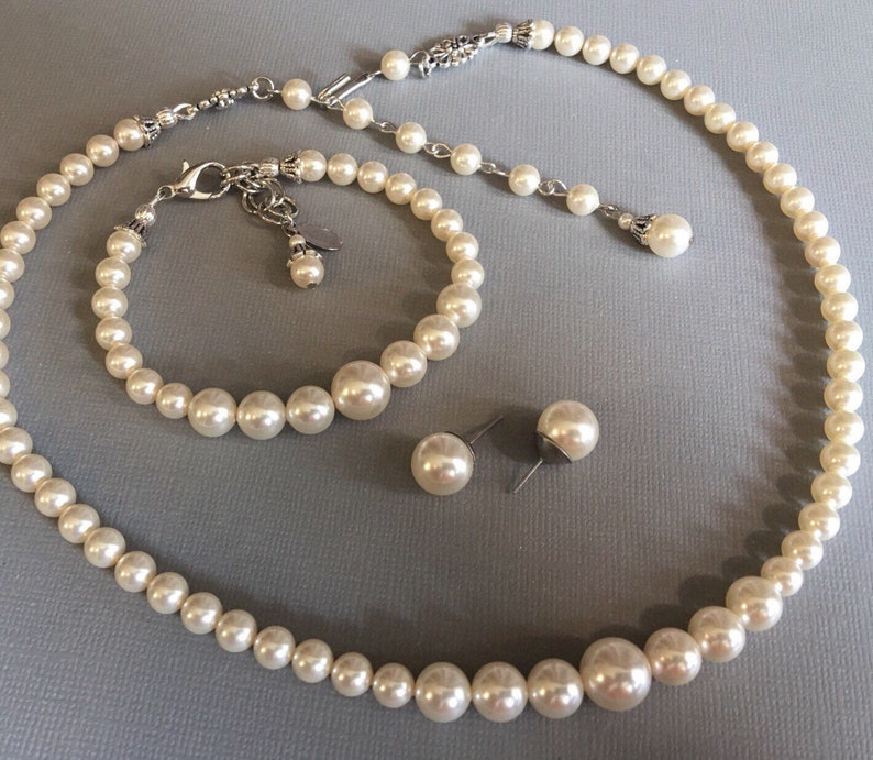Ensemble de bijoux de demoiselle dhonneur, collier de perles, bracelet et boucles doreilles, un seul brin de perles Swarovski crème ivoire ou votre choix de couleur de mariage image 1
