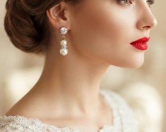 Pearl Wedding Earrings CZ Rhinestone Post Silver or Gold choose your pearl color Cream or White perfect Bridal Earrings or Bridesmaids gift