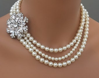 Pearl Necklace with Brooch and Earrings 3 strands Crystal Pearls in Cream Ivory or your choice of Cream Ivory or White wedding jewelry