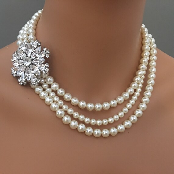 Pearl Necklace With Brooch and Earrings 3 Strands Crystal Pearls